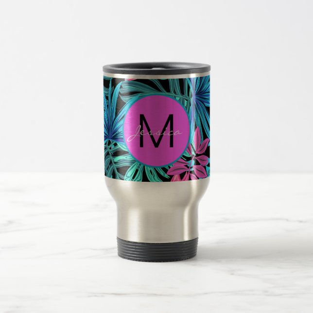 Bright Pink Blue Tropical Floral Personalised Travel Mug (Center)