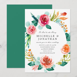Bright Pink Blush Floral Wreath Christian Wedding Invitation