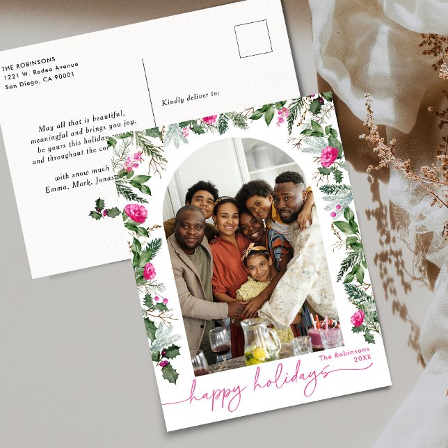 Bright Pink Botanical Arch Happy Holidays Photo Postcard (Creator Uploaded)