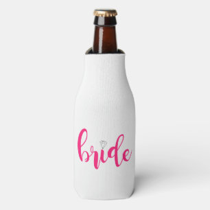Bright pink bride, fuchsia script, wedding bottle cooler