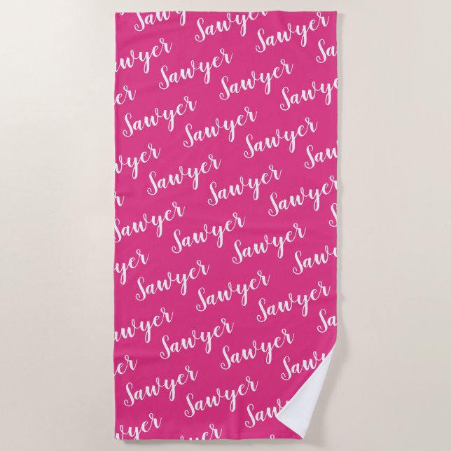 Bright Pink Calligraphy Personalised Repeat Name Beach Towel (Front)