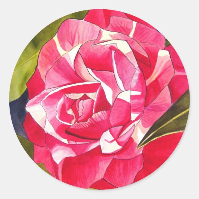 Bright pink Camellia watercolor art flower Classic Round Sticker (Front)