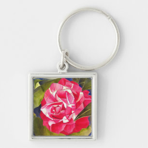 Bright pink Camellia watercolor art flower Key Ring