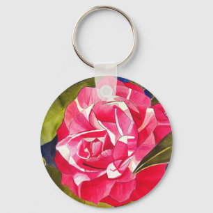 Bright pink Camellia watercolor art flower Key Ring