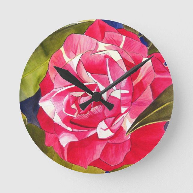 Bright pink Camellia watercolor art flower Round Clock (Front)