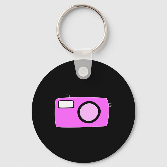 Bright Pink Camera. On Black. Key Ring (Front)