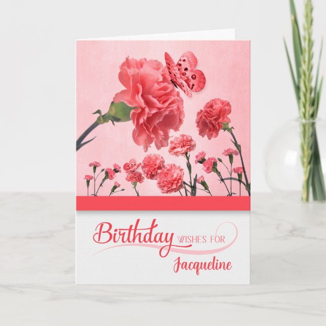 Bright Pink Carnation Garden Birthday with Name Card (Front)