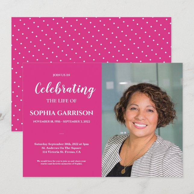 Bright Pink Celebration of Life With Photo Funeral Invitation (Front/Back)