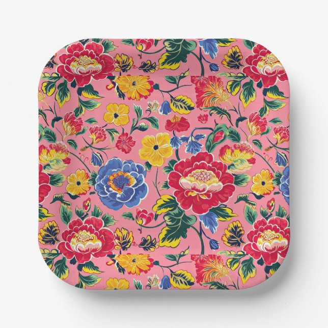 Bright Pink Chinoiserie Floral Paper Plate (Front)