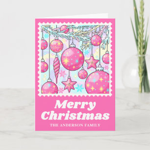Bright Pink Christmas Ornaments Postage Stamp Holiday Card