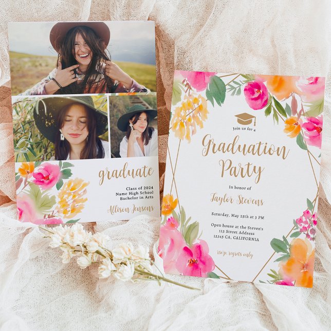 Bright pink colourful Floral gold graduation Invitation (Bright pink colorful Floral gold graduation Invitation)