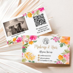 Bright pink colourful Floral gold makeup Hair Business Card