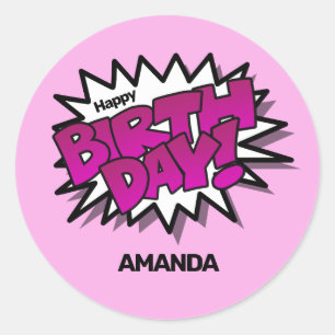 Bright Pink Comic Text,  Happy Birthday Classic Round Sticker