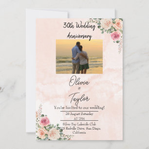 Bright Pink Cream Floral Wedding Anniversary Invitation