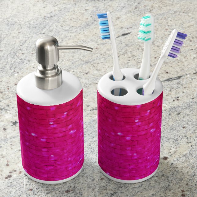 Bright pink Crystal Soap Dispenser And Toothbrush Holder (Front)