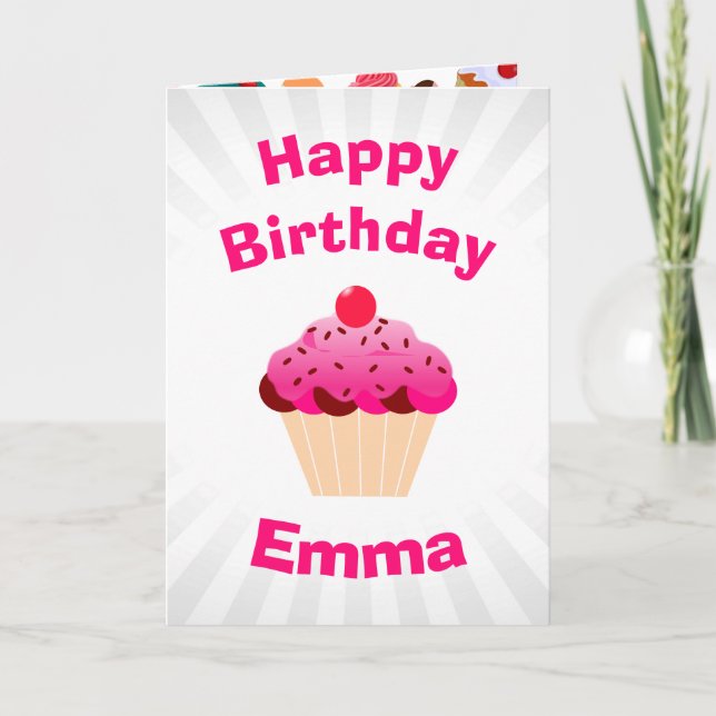 Bright Pink Cupcake Photo Birthday Card (Front)