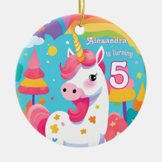 Bright Pink Cute Unicorn Birthday Ceramic Tree Decoration