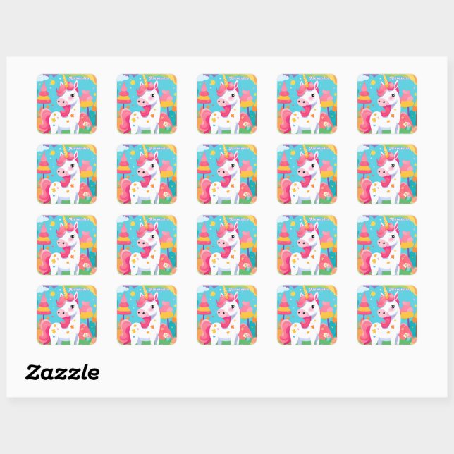 Bright Pink Cute Unicorn Square Sticker (Sheet)