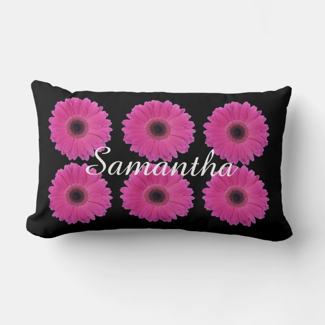 Bright Pink Daisies on Black Personalised Lumbar Cushion (Front)