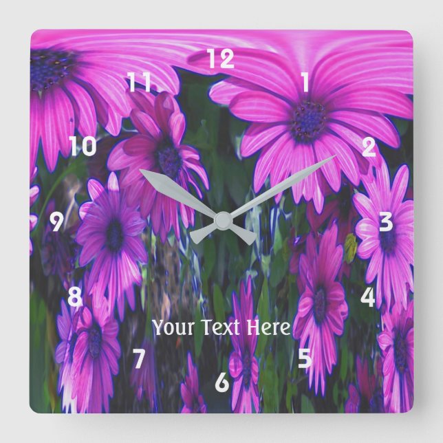 Bright Pink Daisy Flowers Abstract Art Square Wall Clock (Front)