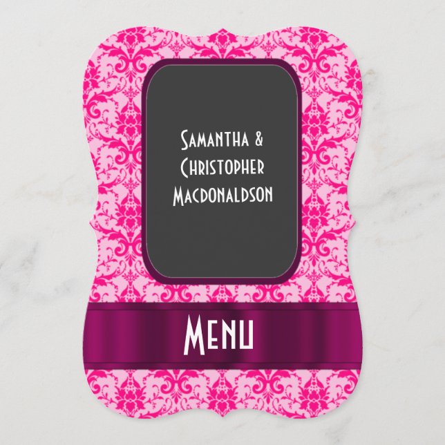 Bright Pink damask formal wedding menu (Front)