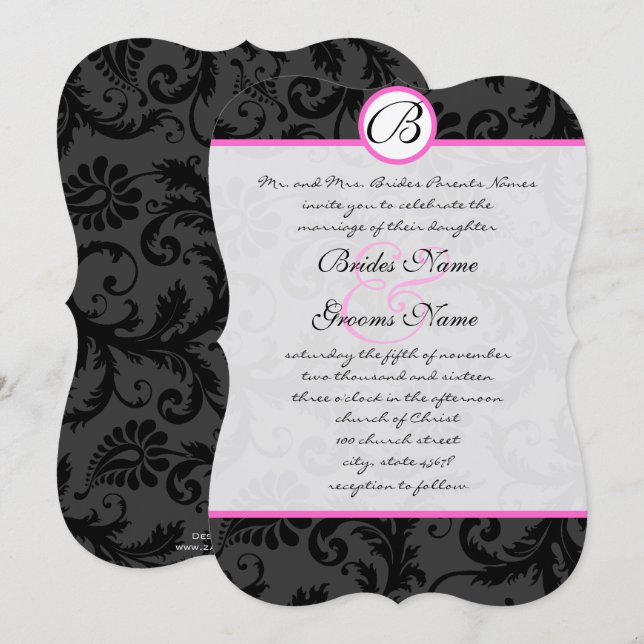 Bright Pink Damask Swirls Wedding Invitations (Front/Back)