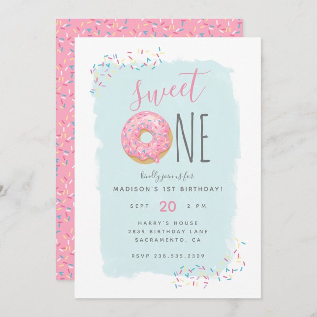 Bright Pink Doughnut Sprinkle Sweet 1st Birthday Invitation (Front/Back)
