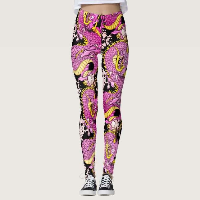 Bright Pink Dragon Tattoo Punk Rock Leggings (Front)
