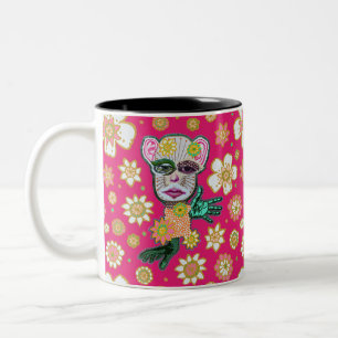 Bright Pink Drollery Floral by Natalie Schorr Two-Tone Coffee Mug