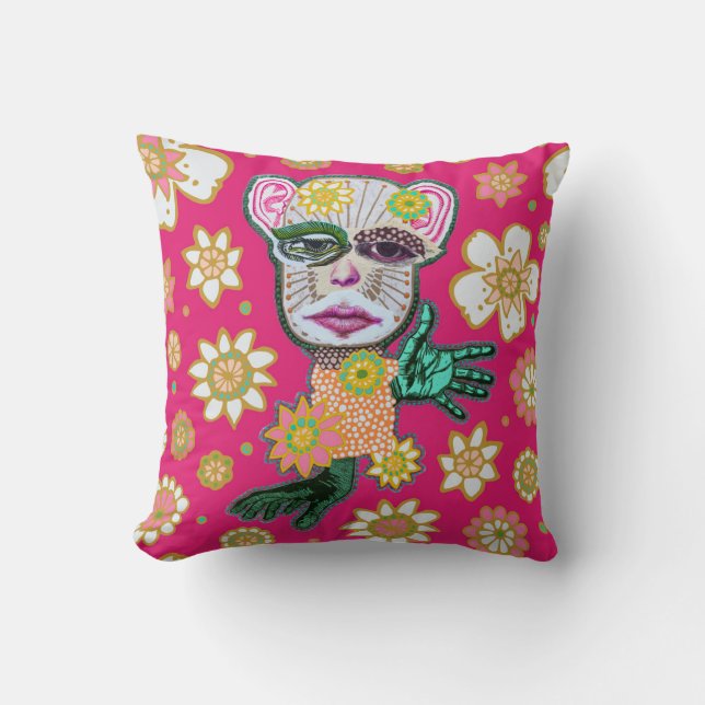 Bright Pink Drollery Pattern by Natalie Schorr Cushion (Front)