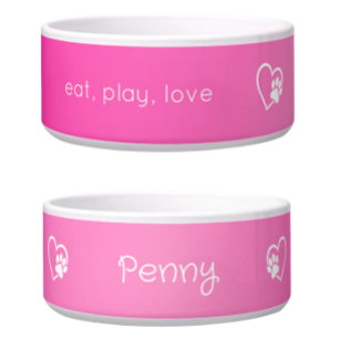 Bright Pink Eat Play Love Custom Dog Name Bowl