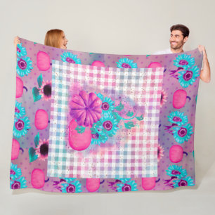 BRIGHT PINK FALLL PUMPKINS & AQUA SUNFLOWERS FLEECE BLANKET