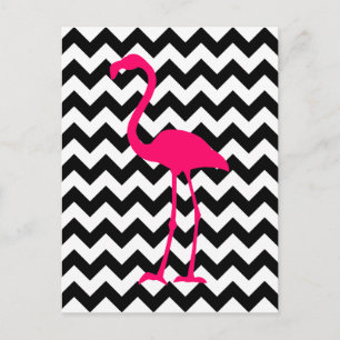 Bright Pink Flamingo Black and White Zigzag Postcard
