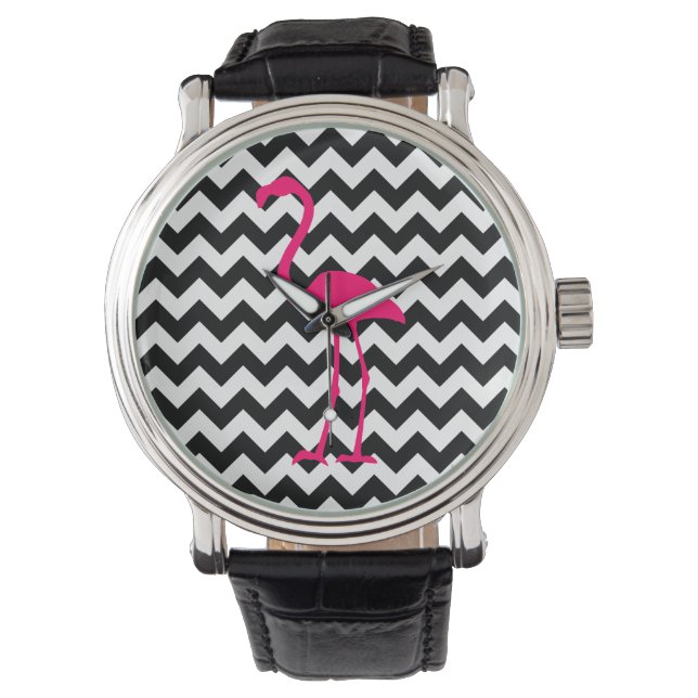 Bright Pink Flamingo Black and White Zigzag Watch (Front)