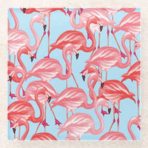 Bright Pink Flamingos On Blue 2 Glass Coaster