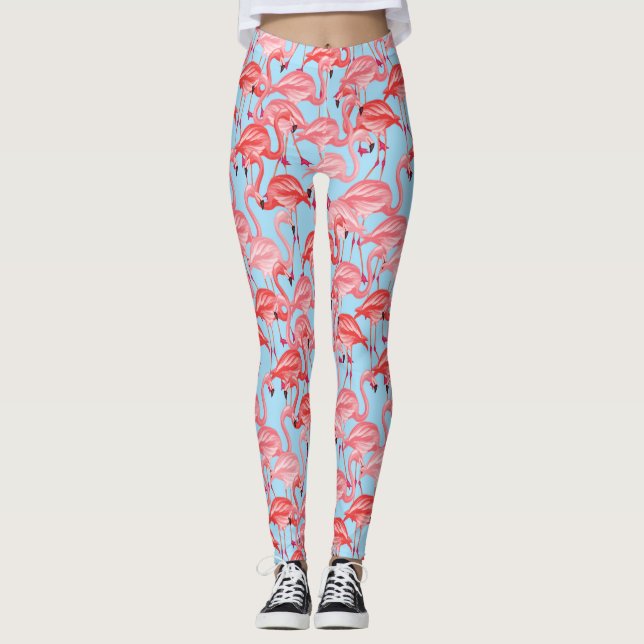 Bright Pink Flamingos On Blue 2 Leggings (Front)