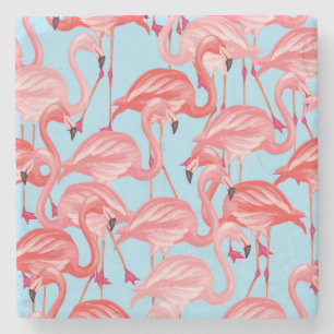 Bright Pink Flamingos On Blue 2 Stone Coaster