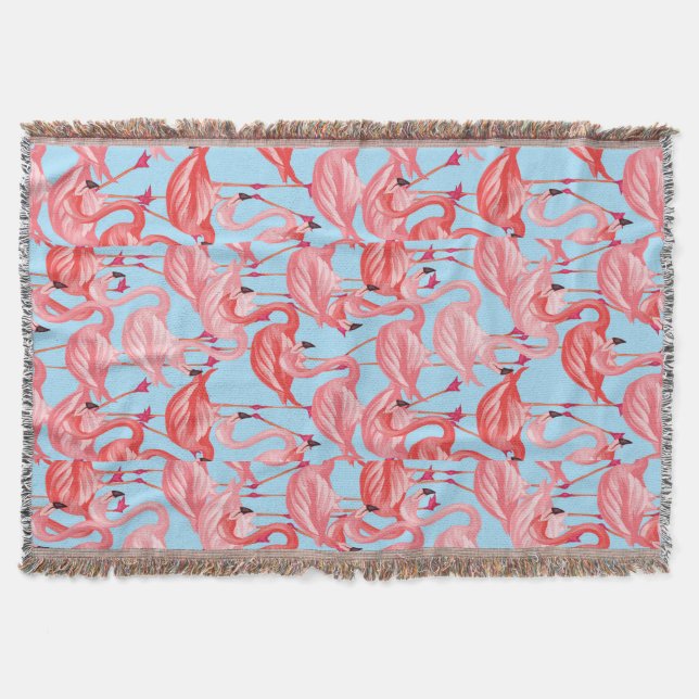 Bright Pink Flamingos On Blue 2 Throw Blanket (Front)