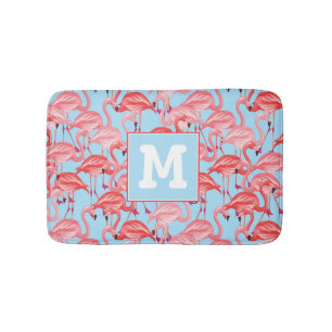 Bright Pink Flamingos On Blue   Add Your Initial Bath Mat