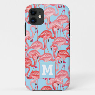Bright Pink Flamingos On Blue Add Your Initial iPhone 11 Case