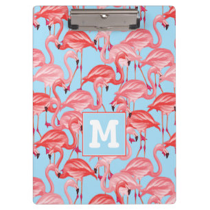 Bright Pink Flamingos On Blue Add Your Initial Clipboard