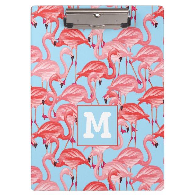 Bright Pink Flamingos On Blue | Add Your Initial Clipboard (Front)