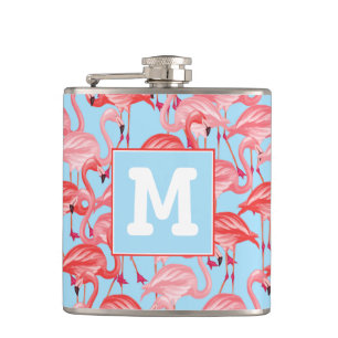 Bright Pink Flamingos On Blue Add Your Initial Hip Flask