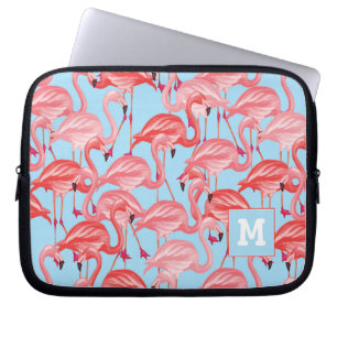 Bright Pink Flamingos On Blue   Add Your Initial Laptop Sleeve