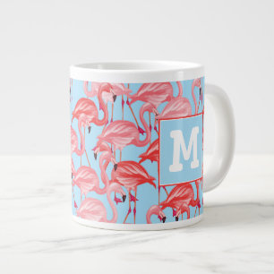 Bright Pink Flamingos On Blue Add Your Initial Large Coffee Mug