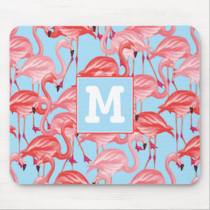 Bright Pink Flamingos On Blue   Add Your Initial Mouse Mat