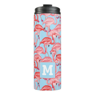 Bright Pink Flamingos On Blue Add Your Initial Thermal Tumbler