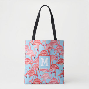 Bright Pink Flamingos On Blue   Add Your Initial Tote Bag