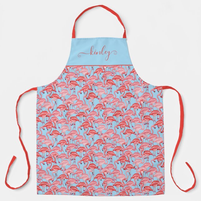 Bright Pink Flamingos On Blue Apron (Front)