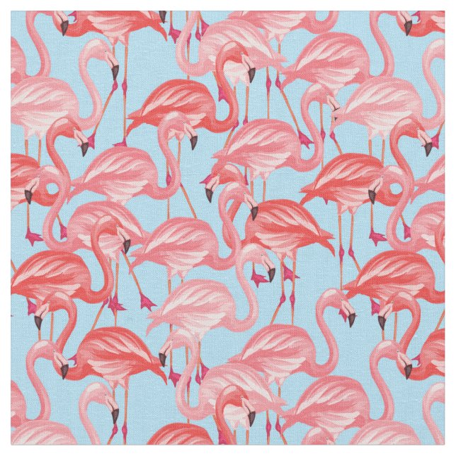 Bright Pink Flamingos On Blue Fabric (Close Up)